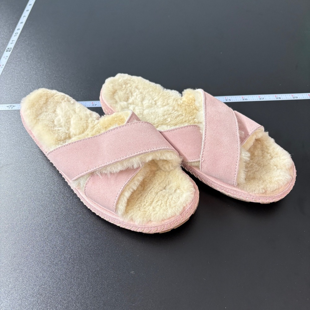 LL Bean Womens Slippers 9 Pink Suede Wicked Good Cross-Strap Shearling Slides